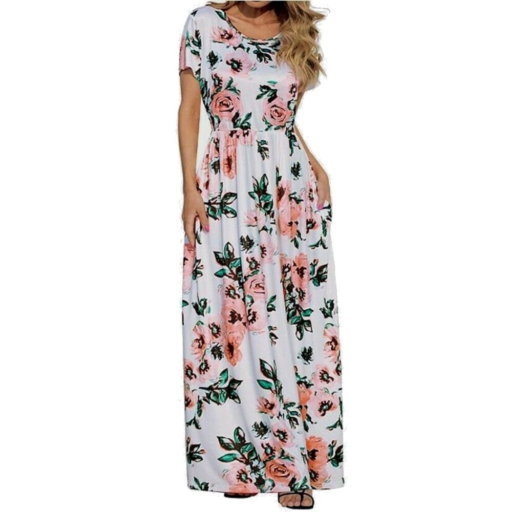 Women's Round Neck Gathered Waist Floral Print Bohemian Casual Maxi Dress